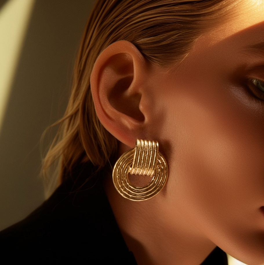 Pendientes Rita en modelo, capturando la esencia del glamour clásico para eventos de lujo