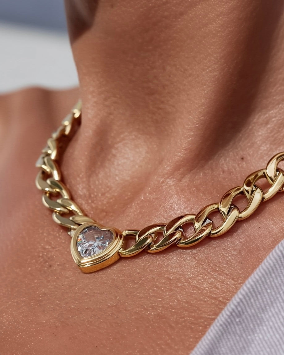 Detalle collar corazón oro sobre piel